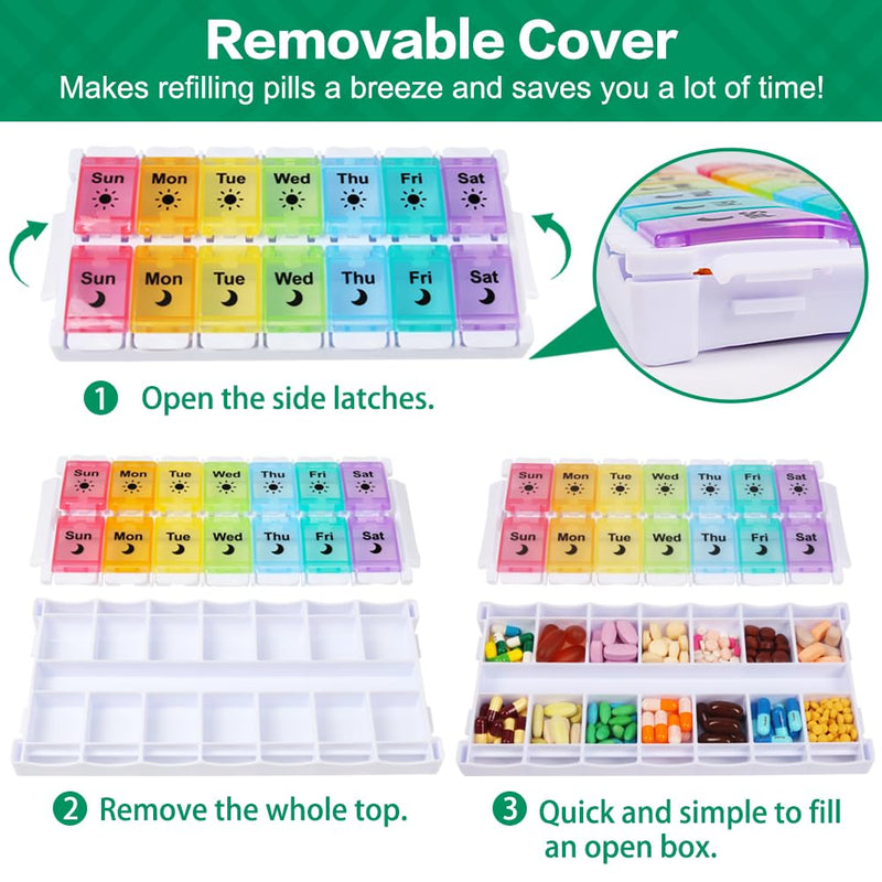 Shintop Am Pm Pill Organizer 7 Day, Push Button Weekly Pill Box 2 Times a Day Easy Fill Pill Holder Day Night Vitamin Case for Medications Fish Oil Supplements (Rainbow) Rainbow