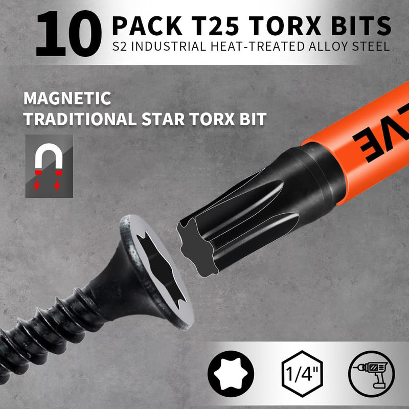10-Pack T25 Torx Bits for Impact Driver- Torx Bit Set 2'' Long, Profession Star Bits Set, Magnetic T-25 Torx Bit, S2 Alloy Steel Torque Bits, T Bit Set 1/4'' Hex-Shank, Star Drill Bit Set, T25 Bit 10pcs T-25 Torx Bit