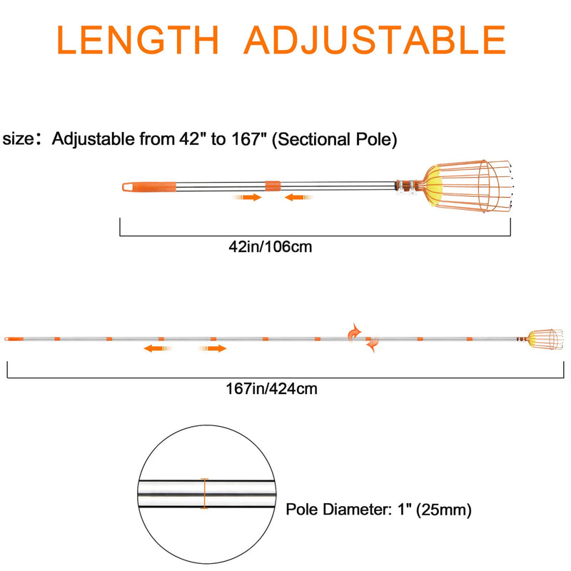 Fruit Picker Pole Tool with Basket Long Handle, 27-170 Inch Adjustable Fruits Picking Pole Tool for Apple Lemon Orange Mango Avocado Fruit Tree Picking
