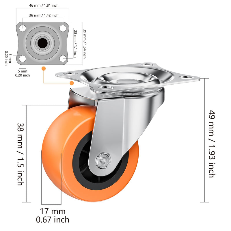 1.5 Inch Casters, ASHGOOB Caster Wheels/Casters Set of 8, 360° Swivel Universal Plate Caster Wheels for Storage Box/Small Furniture/Kitchen Appliances, Orange Polyurethane (PU) Castors (8 Pack) 1.5inch 8p