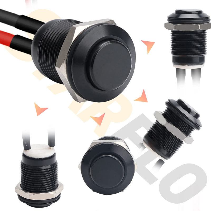 STARELO 5pcs 12mm Momentary Push Button Switch Black Shell with pre-Wiring, IP65 Waterproof Push Button Switch,Aluminum Alloy 1 Normally Open Without LED. 12mm Black Shell