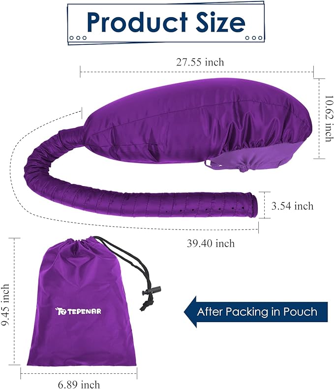 TEPENAR Bonnet Hair Dryer Attachment Upgrade Extra Large Adjustable Soft Hooded Dryer Cap - Easy to Use Natural Curly Texture Dryer Styling Quick Dry - Purple - NewNest Australia