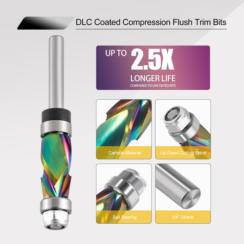 Carbide Compression Flush Trim Router Bit 1/4 Shank, 1/2" Diameter, 1" Cutting Length，DLC Coated Up Down Pattern Template Router Bit with Top and Bottom Bearing for Woodworking Trimming 1/4''x 1/2''x 1''