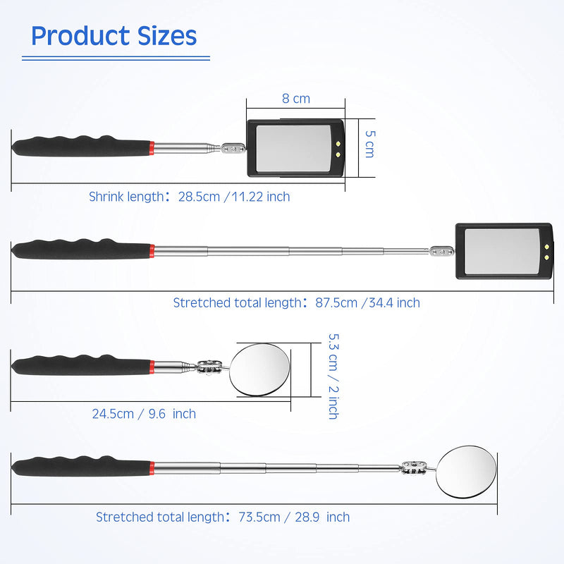 Frienda 2 Pieces Lighted Telescoping Inspection Mirror Flexible Retractable LED Automotive Extension Mirror Round Dental Mirror with Light Pickup Tools Valentine Birthday Gift for Men, Husband, Father