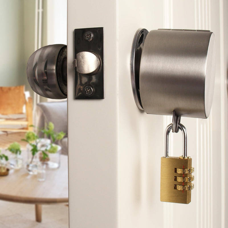 Door Knob with Lock，Without Drilling Door Handle Lock，from Outside Prevents Turning of Door Knob and Access to Keyhole,for Apartment Evictions，Childproof (Stainless Steel with Padlock) Stainless Steel