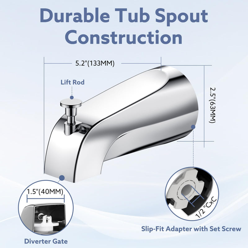 Tub Spout with Diverter, Slip-Fit Bathtub Faucet Replacement for 1/2" Copper Pipe, Includes Metal Cover Ring (Chrome) Chrome