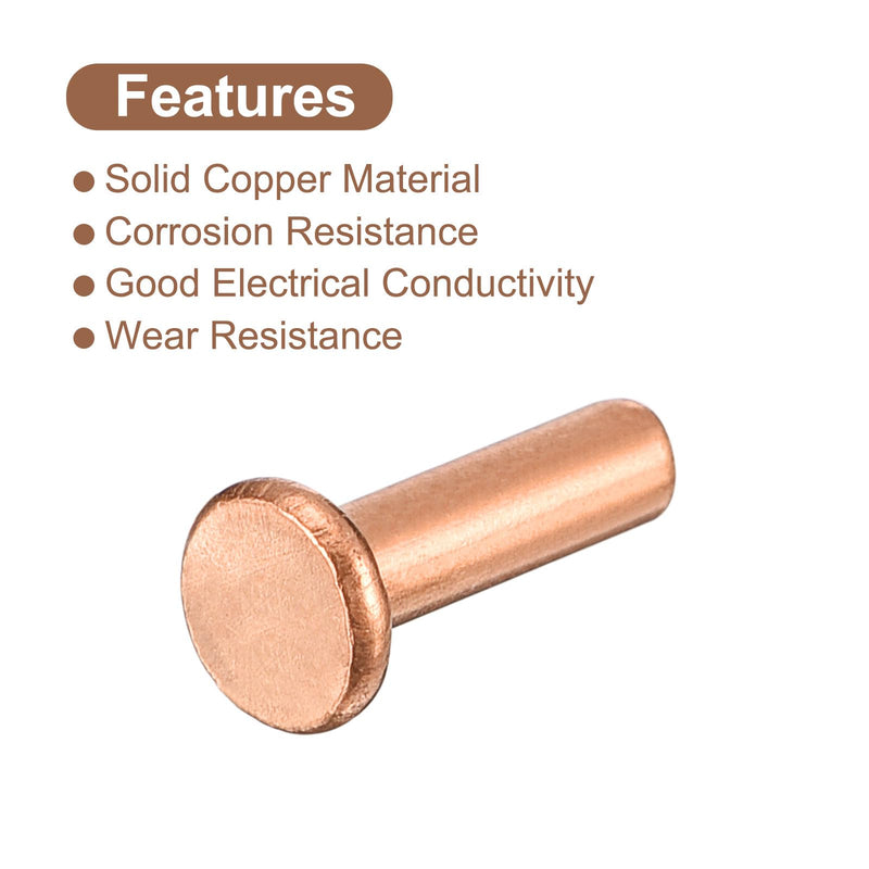 uxcell 200Pcs Copper Solid Rivets, 3/32" x 5/16" Flat Head Rivet Metal Fasteners for Electrical Applications, Leather Working Supplies 3/32" x 5/16" 200