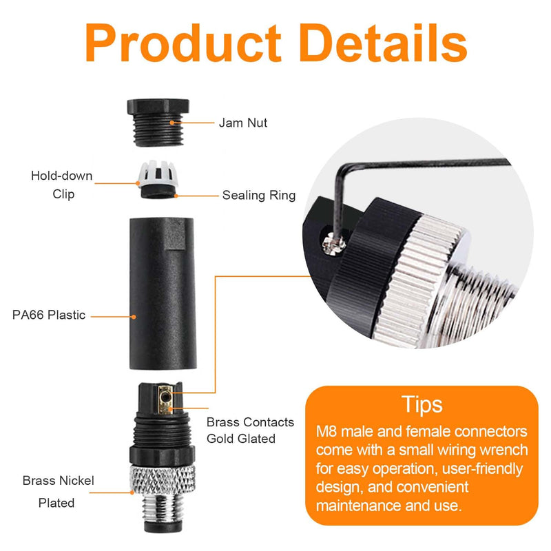10Pcs M8 3-Pin Aviation Connector Male, Industrial A Coding Field Assembly Plug 8mm IP67 Waterproof for Circular Socket Panel Sensor 3 Pins M8 Straight Male
