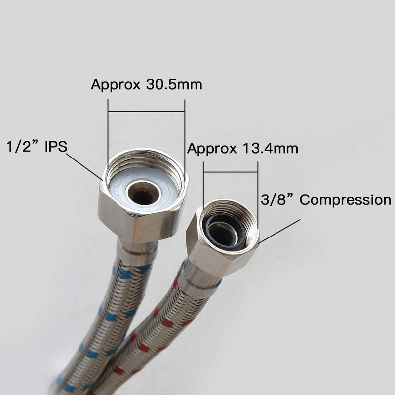 BWE 32" Length Faucet Connector, Braided Stainless Steel - 3/8" Female Compression Thread x 1/2" I.P. Female Straight Thread, x 2 Pcs (1 Pair) 32inch