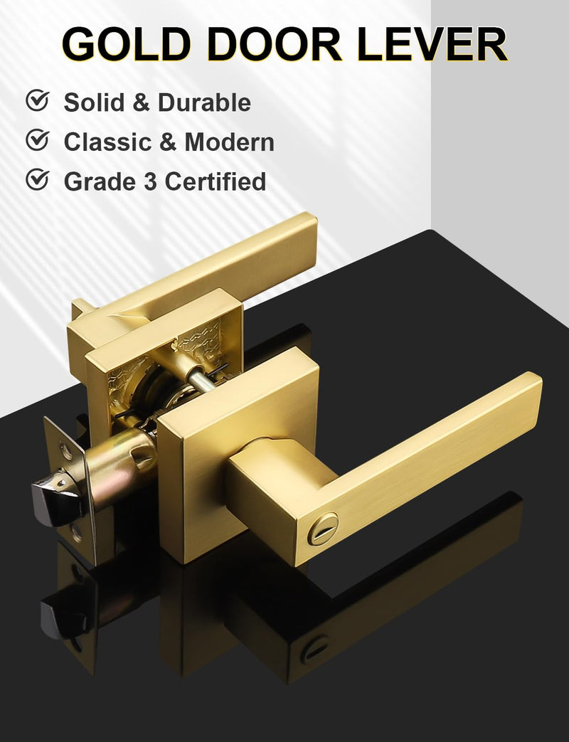 1 Pack Heavy Duty Gold Square Privacy Interior Door Levers, Satin Brass Finish, Bedroom and Bathroom Door Handles Keyless Bed/Bath Lockset 1 Pack Gold-Privacy