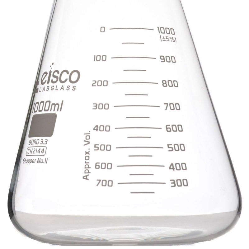 EISCO Erlenmeyer Flask, 1000mL - Wide Neck - ASTM, Dual Graduated Scale - Borosilicate Glass - Wide Neck, Conical, Glass Flasks