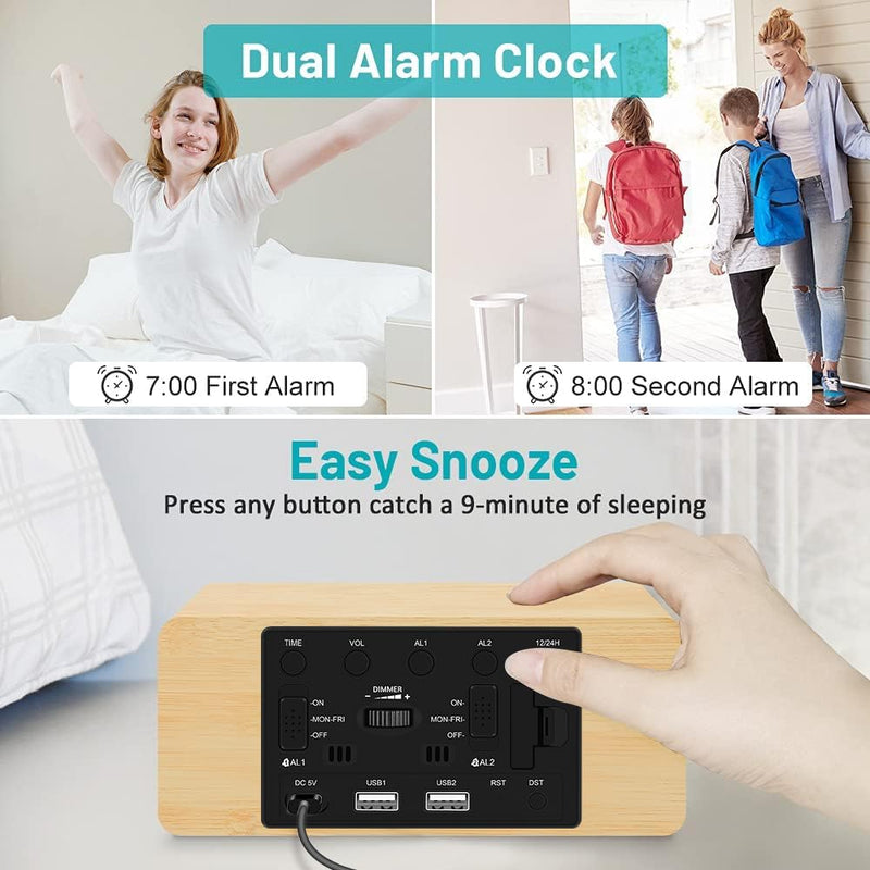Andoolex Wooden Digital Alarm Clock with Wireless Charging, 0-100% Adjustable Brightness Dimmer and Alarm Volume, Weekday/Weekend Mode, Dual Alarm, Snooze, 12/24H, Wood LED Clock for Bedroom (Bamboo) Bamboo