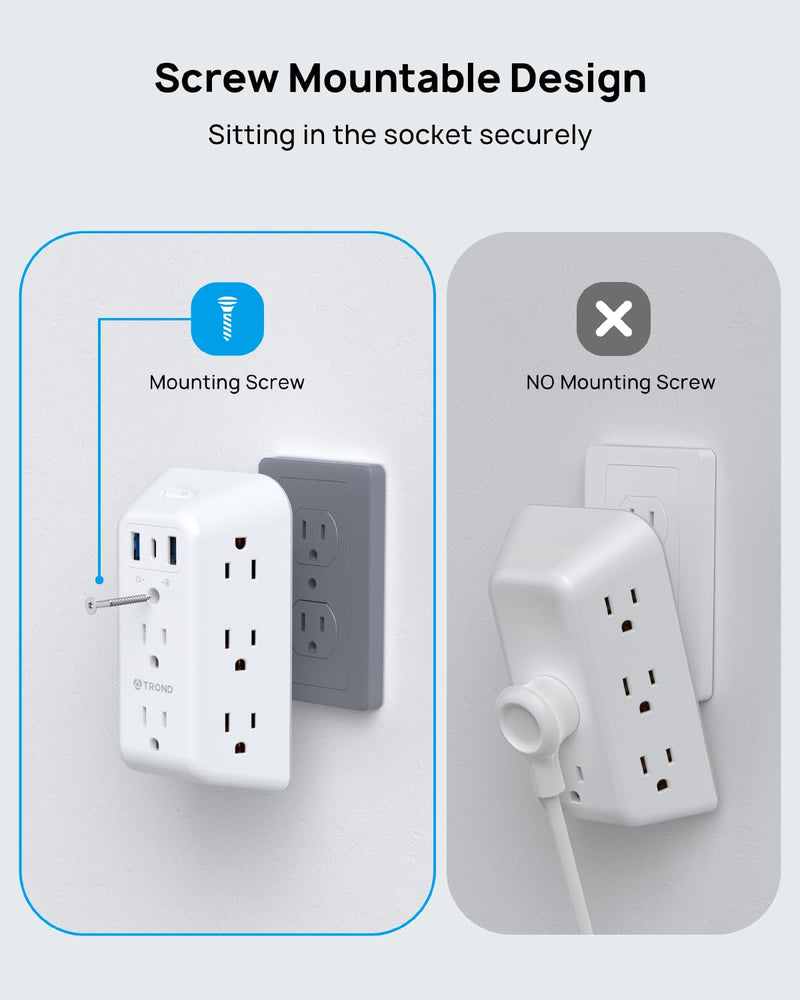 TROND Outlet Extender Surge Protector, 8 Outlet Splitter with 3 USB Ports(1 USB C), 1440J Electric Plug Multiplier, Multi Plug with ON/OFF, 3 Way Multiple Wall Extension Adapter for Home School Office 8 AC Outlets