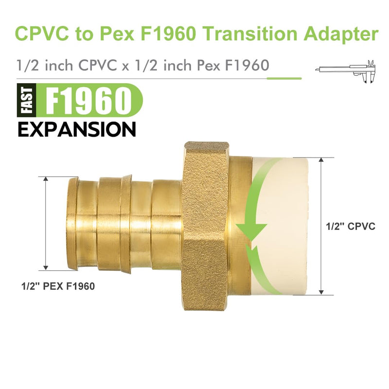 12 Pack 1/2" Pex-A x 1/2" CPVC Transition Adapter Heavy Duty Brass Barb PEX Fittings for for PEX-A and cPVC Pipe Connection,Lead-Free Brass NSF/ANSI 61 NSF 372 Certificate, ASTM F1960 1/2 inch F1960 to CPVC 12PACK