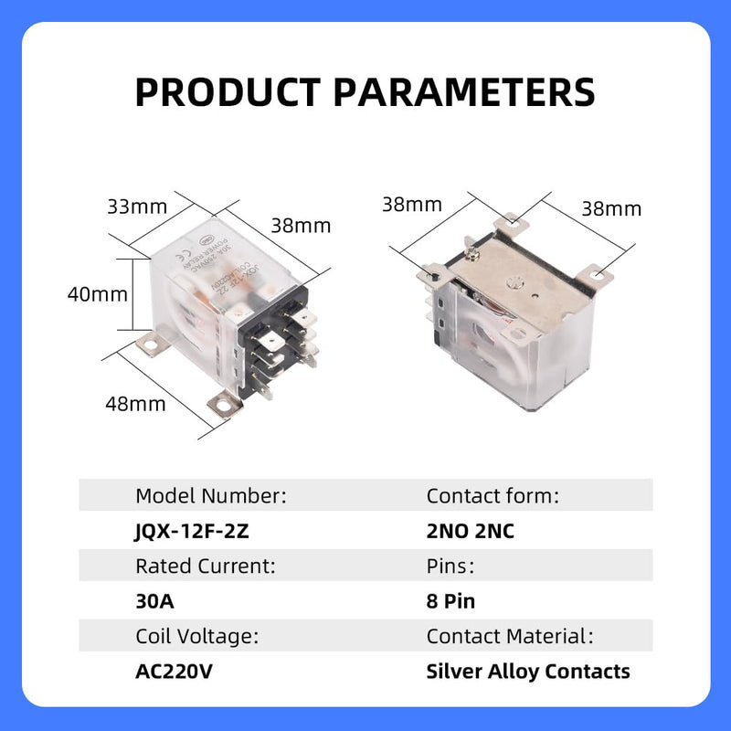 JQX-12F-2Z AC 220V Coil 30A 2NO 2NC DPDT 8 Pin General Purpose High Power Relay…