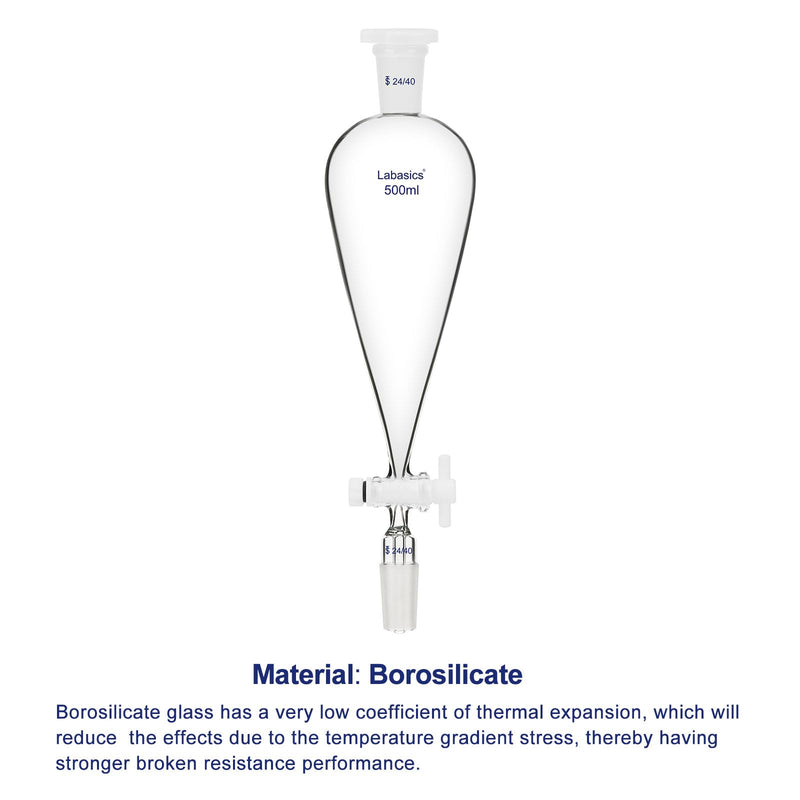Labasics 500 ml Conical Pear-Shaped Separatory Funnel with PTFE Stopcock, Heavy Wall Borosilicate Glass with 24/40 Joints 500.0 milliliters 1 LB-XMK-Sep-Funnel-24/40