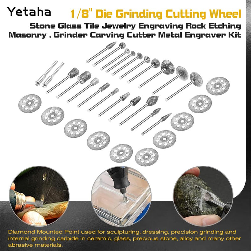Yetaha Diamond Burr Set for Dremel, Rotary Tool, 1/8” Die Grinding Cutting Wheel Stone Glass Tile Jewelry Engraving Rock Etching Masonry, Grinder Carving Cutter Metal Engraver Kit -32pack