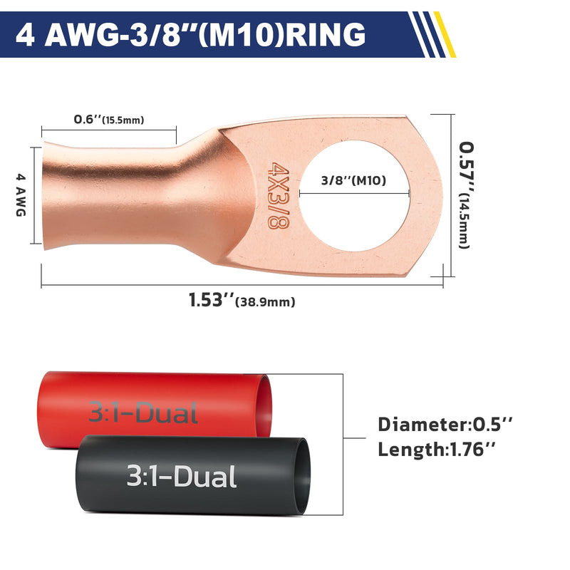 haisstronica 10pcs 4 AWG - 3/8" (M10) Battery Cable Lugs, Heavy Duty Copper Wire Lugs with 10pcs 3:1 Adhesive Heat Shrink Tubing, 4 Gauge Wire Connectors Battery Terminal Connector, Battery Cable Ends 4 AWG- 3/8" (M10) Ring Bare Copper