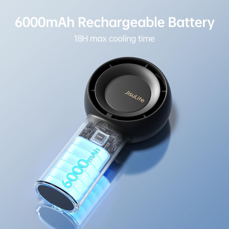 JISULIFE Portable Handheld Turbo Fan [18H Max Cooling Time], 6000mAh USB Rechargeable Personal Battery Operated Lash Small Pocket Fan with 5 Speeds for Travel/Outdoor/Vacation/Concerts- Black