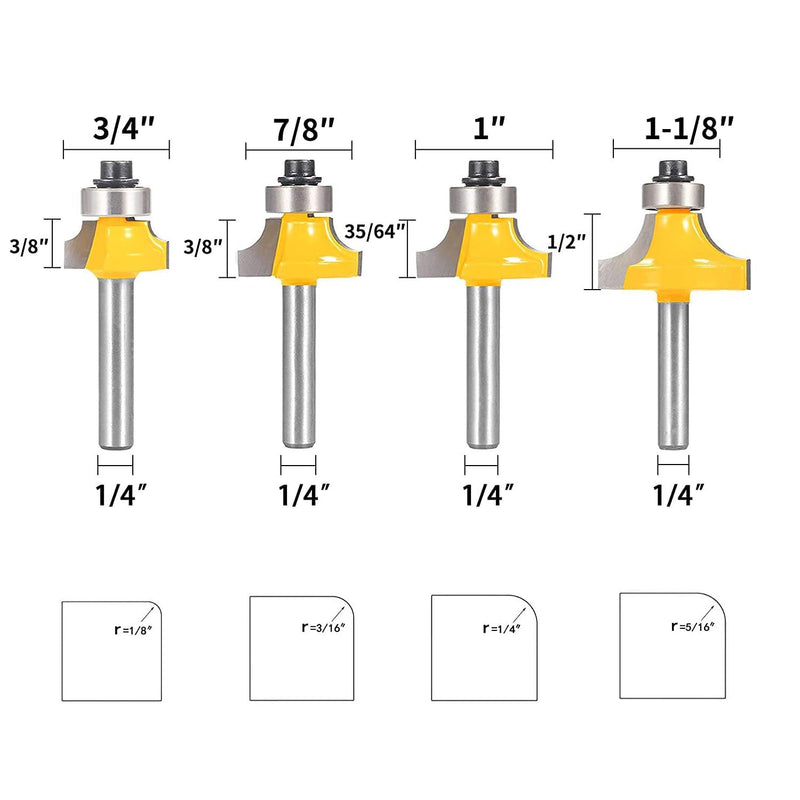 Roundover Router Bit Set，4pcs Router bit Set，1/4 inch Shank，Radius in 1/8", 1/4", 3/16", 5/16"，Bearing Guide for Rounding Edge bit