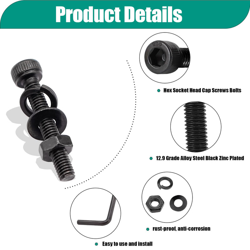 Taiss 380PCS M4 Screw Kit,Hex Socket Head Cap Screws Assortment with Nuts/Washers/Hex Wrench M4x6/8/12/16/20/30mm,12.9 Grade Alloy Steel Black Zinc Plated Small Metric Screws,M4 Bolts