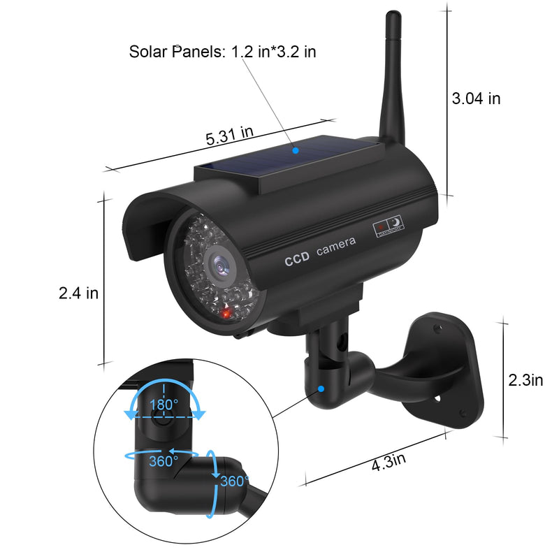 WALI Dummy Fake Camera, Solar Powered Fake Security Camera with LED Light, Simulated Surveillance Security CCTV Dome Cameras with Antenna and Warning Sticker Indoor Outdoor (SOL-TCB2), 2 Packs, Black