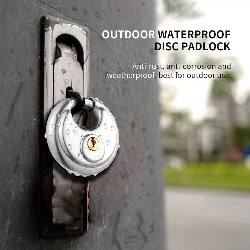 Keyed Alike Discus Padlock, Stainless Steel Storage Unit Lock,2-3/4 in.Wide,3/8 in. Diameter Shackle, Disc Locks for Sheds, Garages and Fence，2Pack 2PACK KA