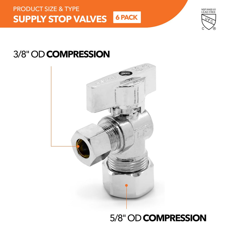Lead-Free Brass, Quarter-Turn, Angle Supply Stop Valves, 5/8" OD Compression x 3/8" OD Compression (6Pack) 5/8"C x 3/8"C (6Pack)