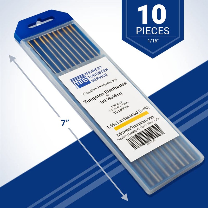 Midwest Tungsten Service TIG Welding Tungsten Electrodes 10-Pack (Gold - 1.5% Lanthanated Tungsten (WL15/EWLa-1.5), 1/16") Gold - 1.5% Lanthanated 1/16"