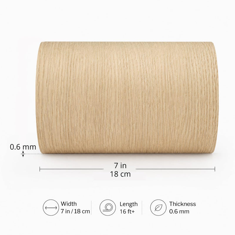 Rift-Cut White Oak Veneer Roll 7" x 16FT+, Pre-Glued Iron-On Wood Veneer for DIY Fireplace Mantels & Faux Beam Wraps, Sanded Smooth Finish for Cabinet Refacing & Furniture Makeovers 7 in x 16 ft