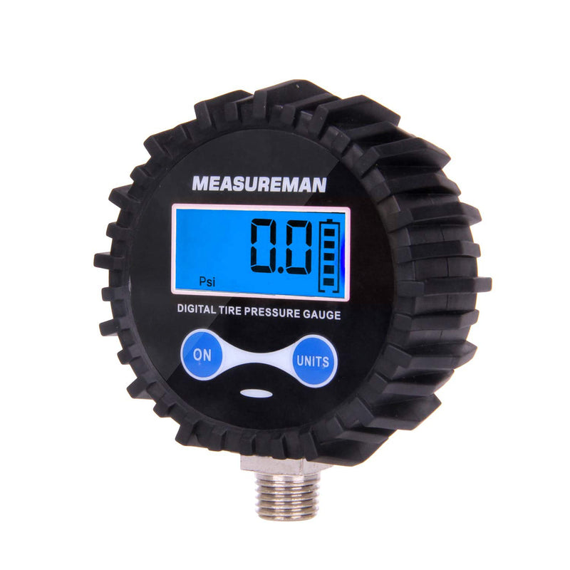 MEASUREMAN 2-1/2" Dial Size Digital Air Pressure Gauge with 1/4'' NPT Bottom Connector and Protective Boot, 0-200psi, Accuracy 1%, Battery Powered with LED Light Short thread
