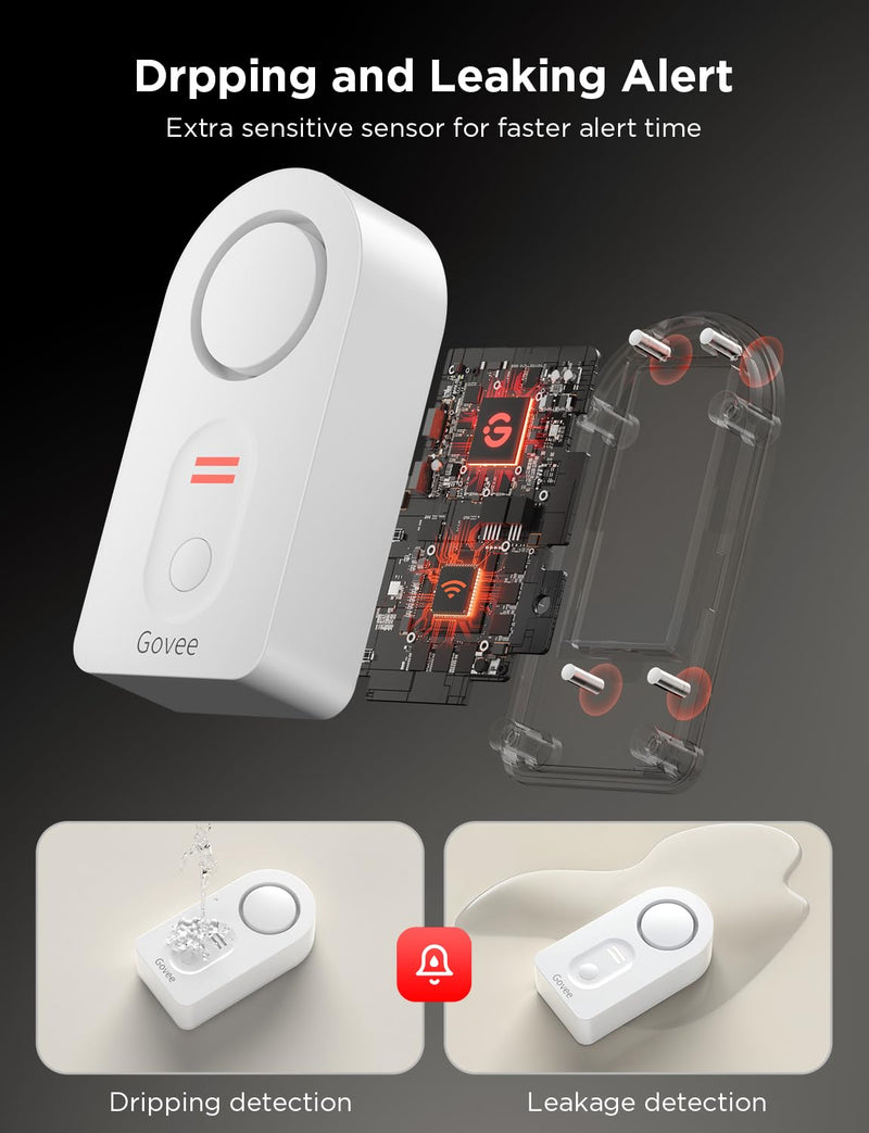 Govee WiFi Water Sensor 3 Pack, Smart Water Leak Detector, 100dB Adjustable Alarm Suit for Home and Basement, Water Leak Alert with Email & APP Push 3 sensor + Gateway