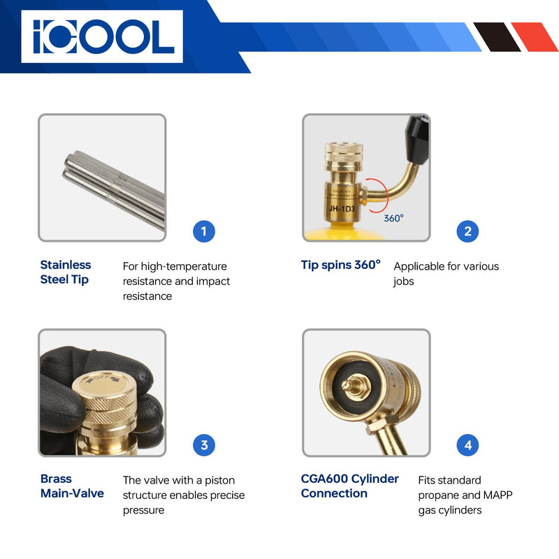 ICOOL Triple Flame Hand Torch, Maximum Temperature 3600℉, Propane MAPP Gas Torch for Welding Brazing Plumbing HVAC