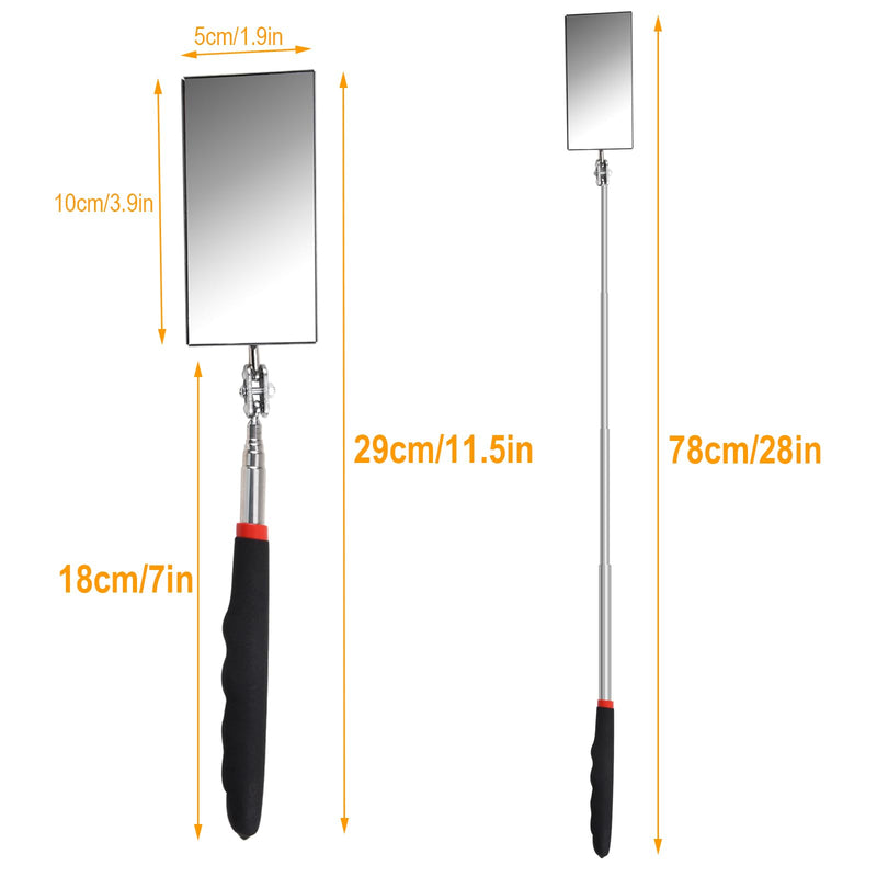 Telescoping Inspection Mirror 12-30 Inch Extendable Flexible Mirror Rectangle Extension Adjustable Retractable Mirror Mechanic Mirror Inspection Tool with Long Handle for Extra Viewing