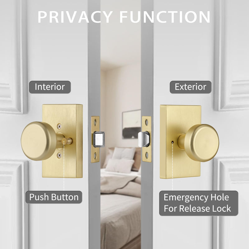 Satin Brass Interior Door Knobs, Pismo Doorknob for Bath & Bedroom, Gold Door Knob with Lock Privacy Satin Brass
