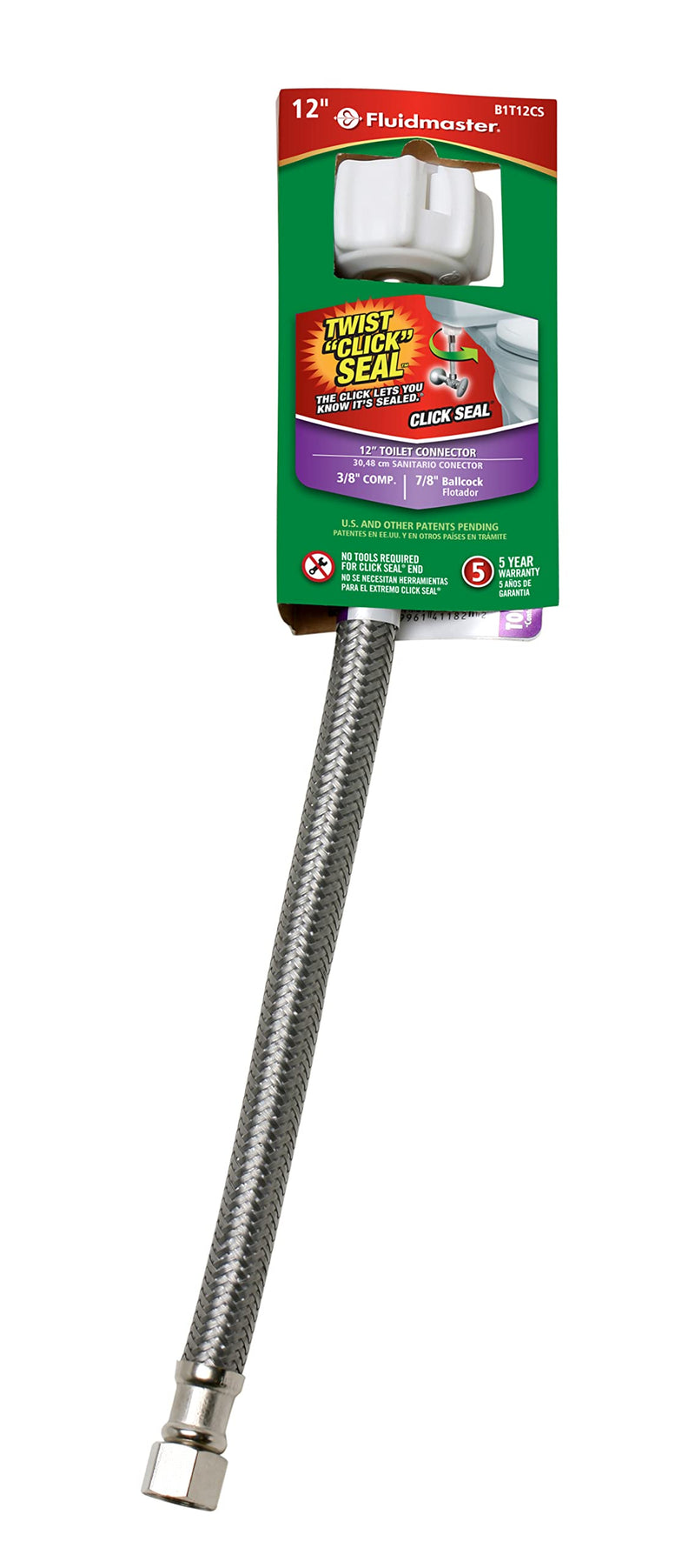 Fluidmaster B1T12CS CLICK SEAL Toilet Connector, Braided Stainless Steel - 3/8 Female Compression Thread x 7/8 Female Ballcock Thread, 12-Inch Length
