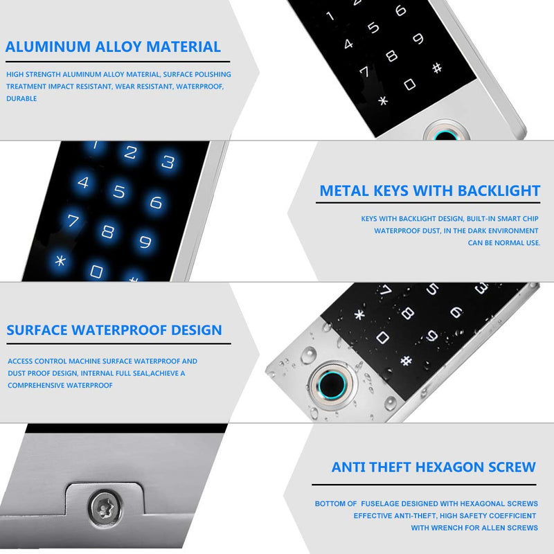 Fingerprint Password Access Control System with 5PCS ID Key Fobs, Fingerprint Door Lock Keypad Controller Support 10000 Users, Weatherproof, Backlight, Zinc Alloy Metal, Touch Panel Metal Shell