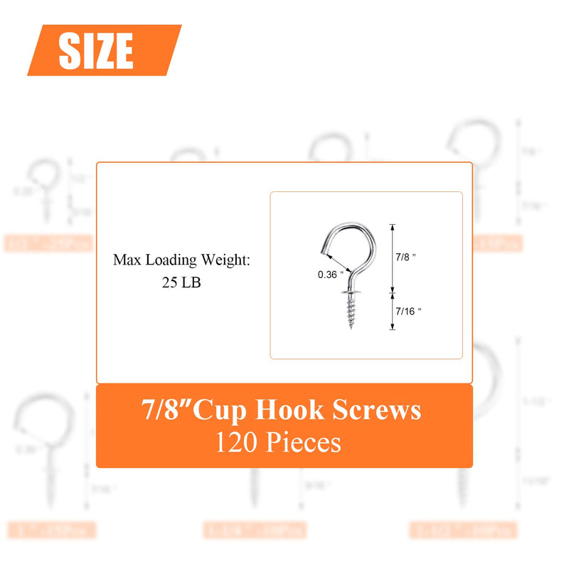 120 Pieces 7/8 inch Cup Screw Hooks, Screw-in Hooks, Ceiling Hooks, Self-Tapping Screws Hooks, Hanging Hooks, Screw Hooks, Silver