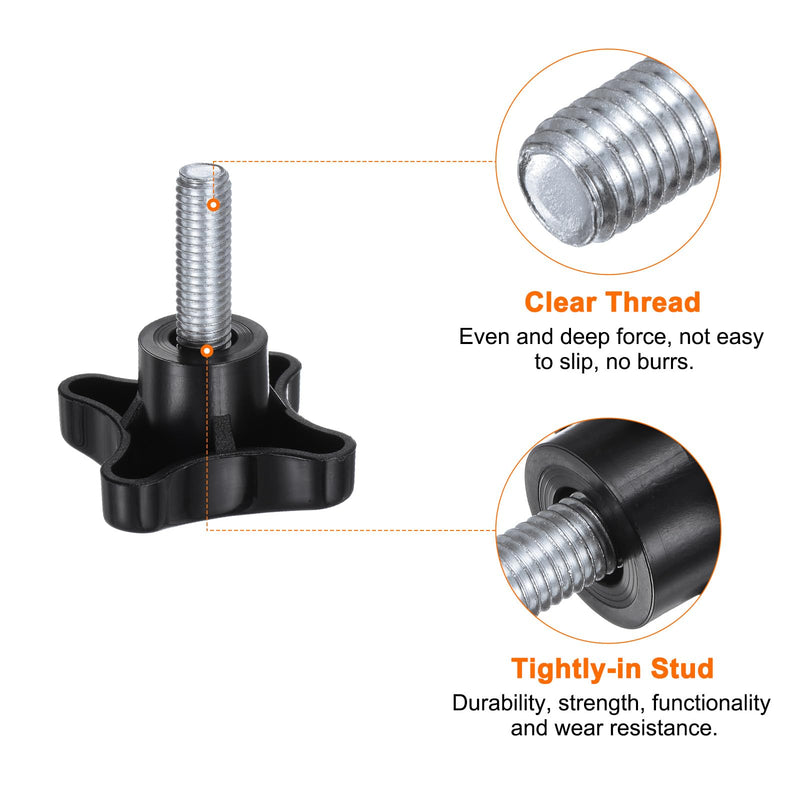 HARFINGTON 2pcs Star Knobs M10 x 30mm Male Thread Plastic 4-Star Stud Knob Hand Tightening Clamping Screw Replacement Threaded Handle, Black