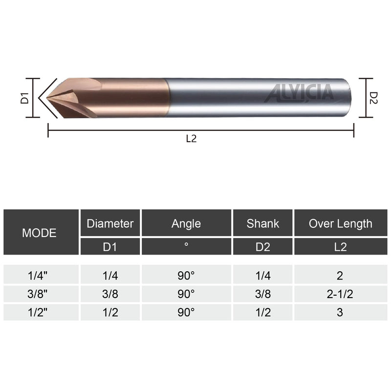 3/8" Carbide Chamfer End Mill 90 Degree - V Groove, 4 Flutes TISIN Coating Mill Bits Sets for Alloy Steels, Hardened Steels 1 3/8" 90°