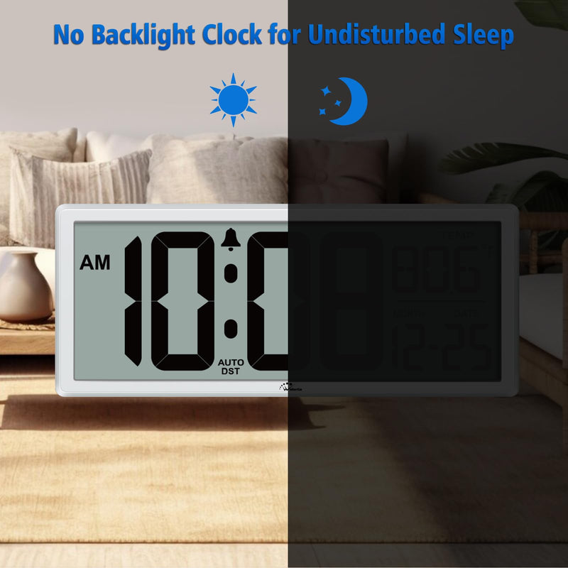 WallarGe 14.5'' Large Digital Wall Clock Battery Operated with Jumbo Numbers, Temperature and Date - Easy to Read and Set, Auto DST White