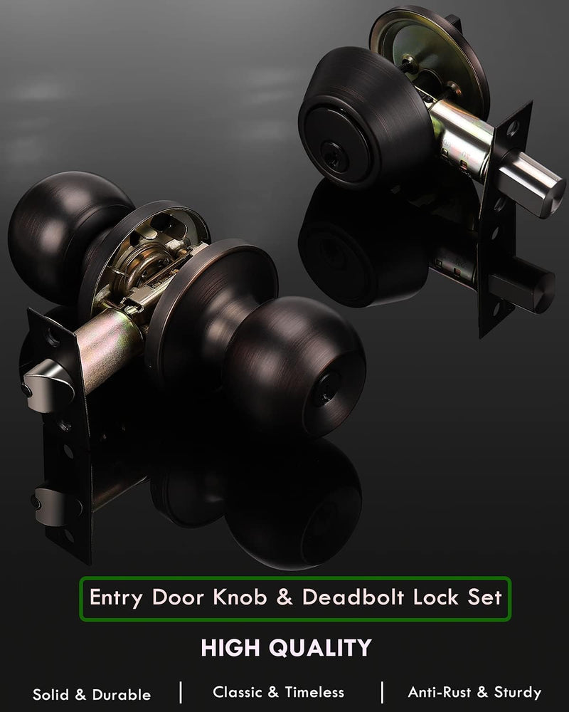 2 Pack Exterior Door Knob and Deadbolt Set, Oil Rubbed Bronze Entry Door Lock Sets with Double Cylinder Deadbolt, Security Round Style Entry Door Knobs Deadbolt 2