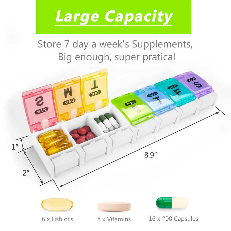 Extra Large Weekly Pill Organizer 2 Times a Day - Remtise Am/Pm Daily Pill Case Medicine Organizer, Push Button 7 Day Pill Box for Pills/Vitamin/Cod Liver Oil/Supplements (Rainbow) Rainbow