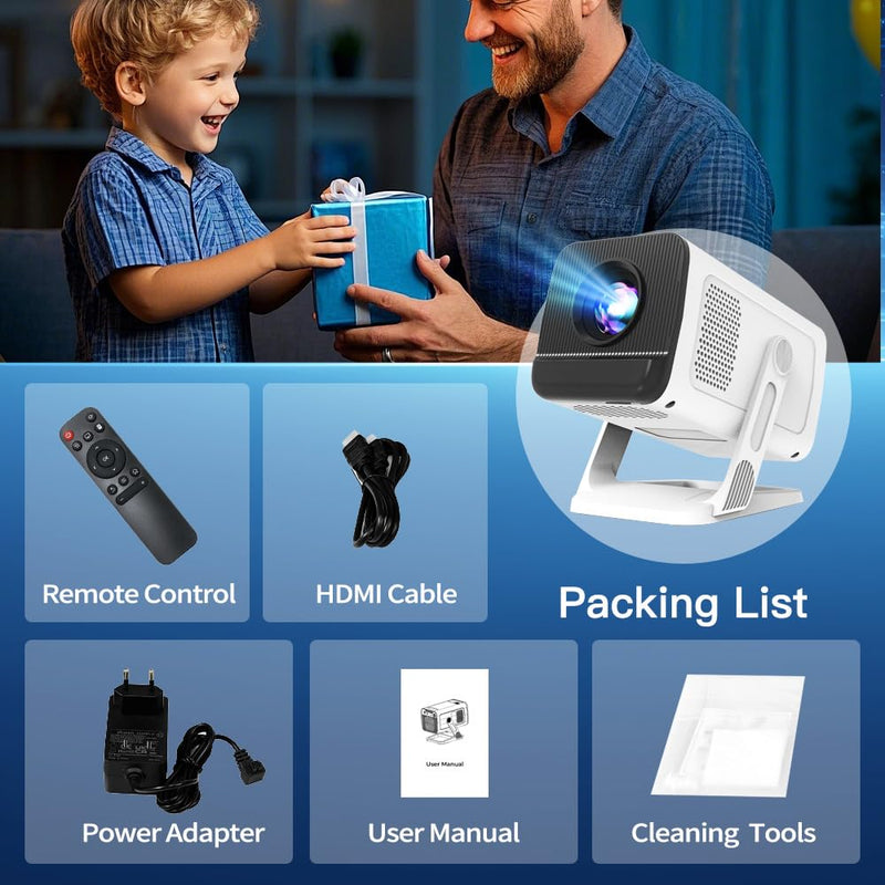 Mini Projector with WiFi 6 and Bluetooth 5.4 Built-in Apps Portable Projector Android 11 Auto Keystone 1080P 4K Support for Bedroom Outdoor Compatible with iOS/HDMI/TV Stick VisualCube 300 VisualCube 300 White