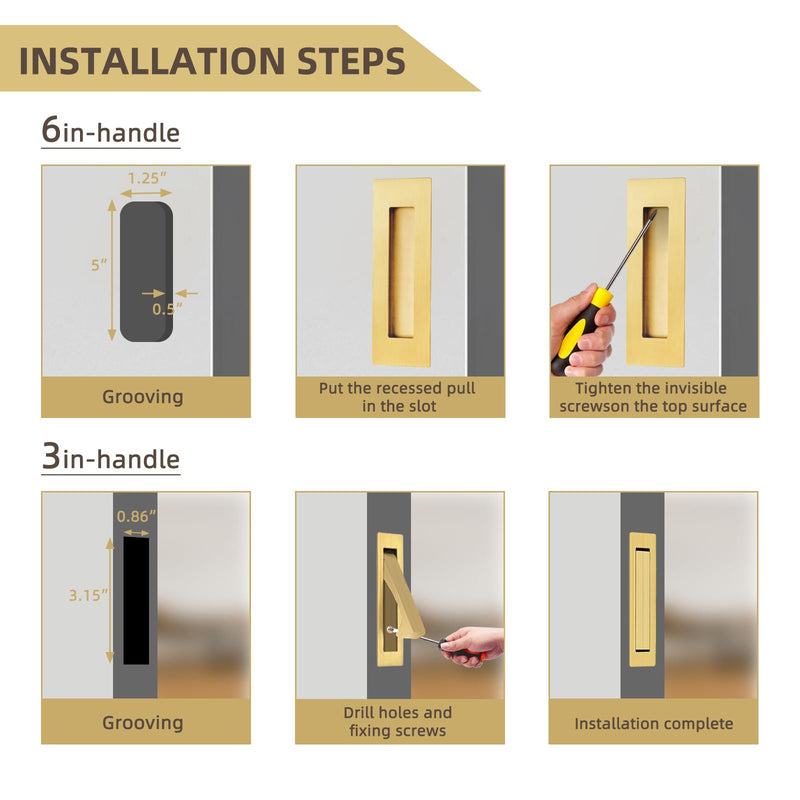 Pocket Door Handles and Edge Pull Brushed Brass, 6Inch Handles Hardware Latch,Recessed Finger Flush Pulls,for Closet,Sliding,Barn Door Model A Brushed Gold