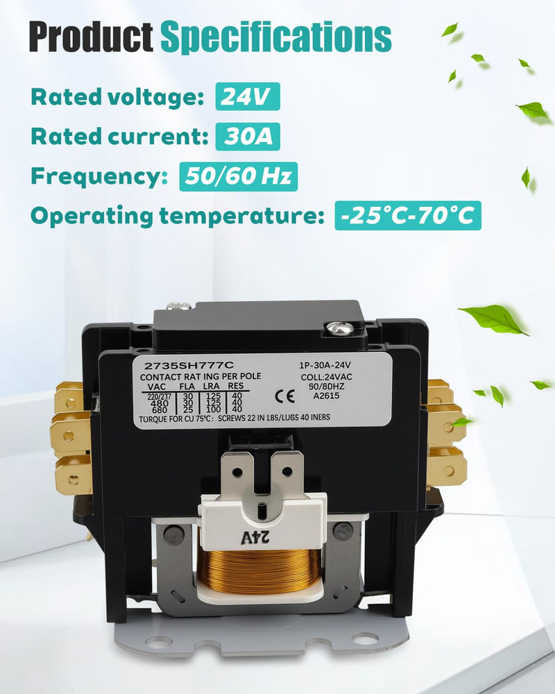 C25CNB130T Definite Purpose Contactor Fit for GE CR453CC3HAA Furnas 45EG10AJA Allen Bradley 400-DP30NJ1, Type C25 1 Pole, 30A 24V
