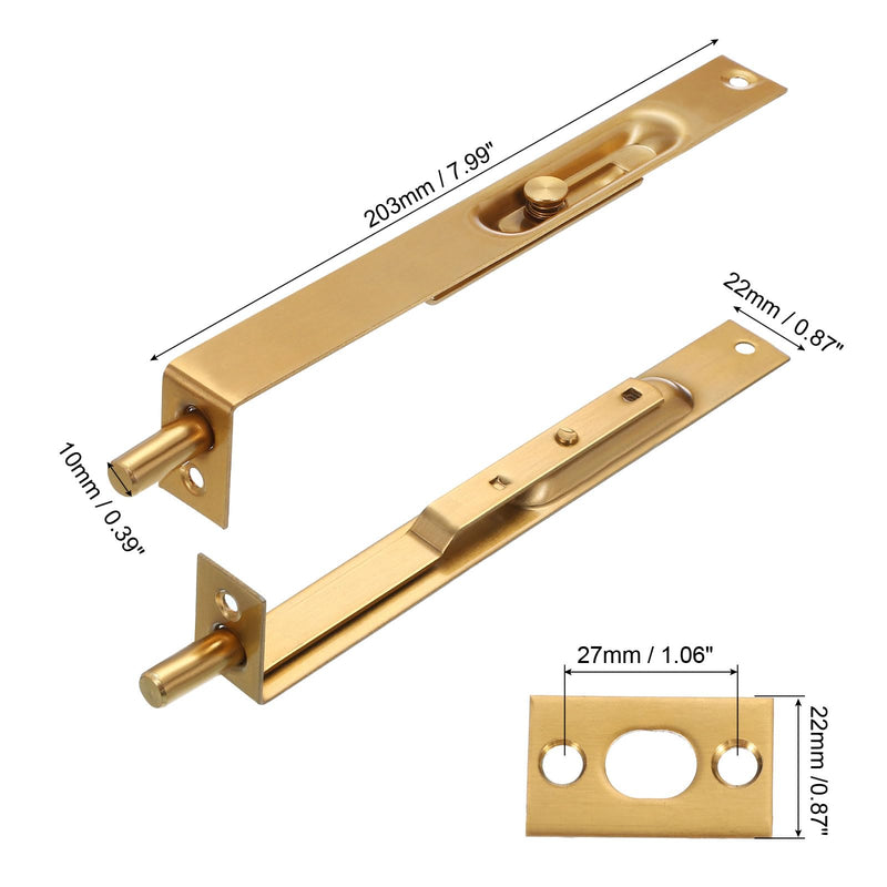 MECCANIXITY Flush Bolt 8" x 0.87" French Door Lock Stainless Steel Concealed Slide Double Door Latch for Wood Composite Double Door Gold, Pack of 2 8" x 0.87"