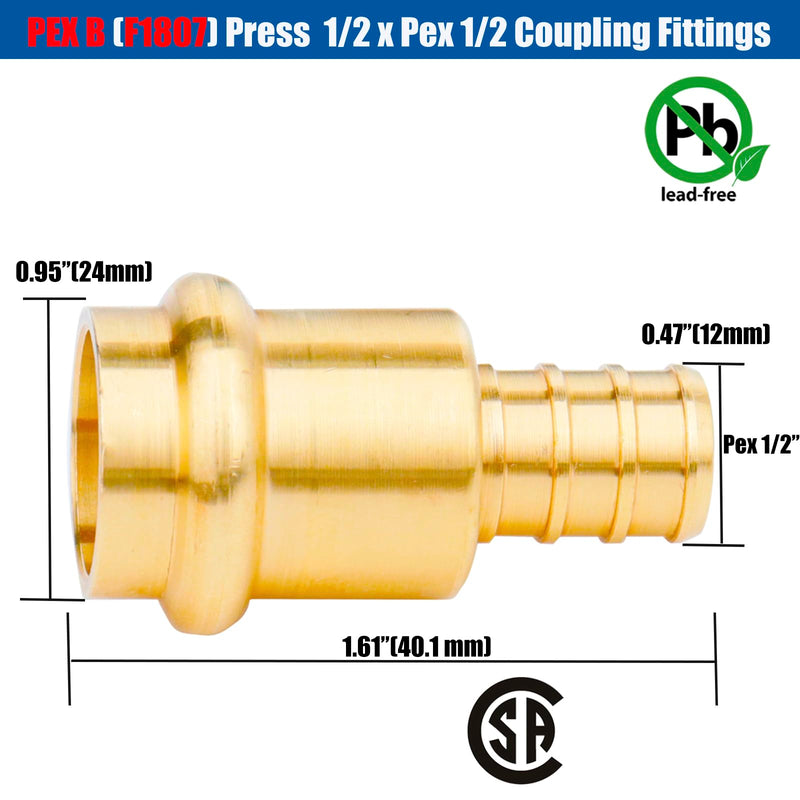 WHK 12 Pack 1/2" Press Propress x 1/2" PEX Adapter Crimp Fittings Brass Coupling Connect from Cooper to Pex B Pipe（Lead-Free,pro press copper to pex adapter 1/2) 1/2" Press x 1/2" Pex