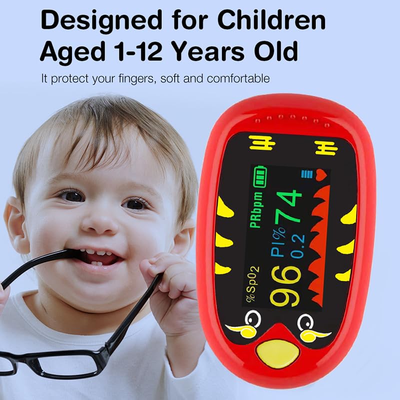Pediatric Oximeter – Fingertip Pulse Oximeter for Kids, SpO2 Oxygen Monitor for Children, Cute Compact and Accurate, USB-C Rechargeable Mini Portable Design with TFT Display for Home and Travel-Red
