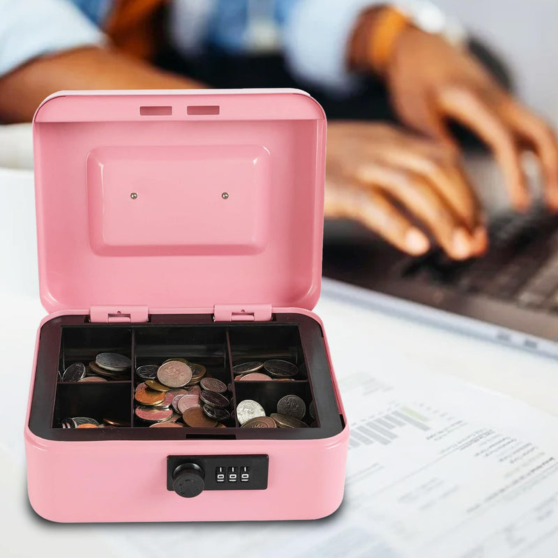 xydled Steel Cash Box Safe with Combination Lock,Money Safe Box with Removable Coin Tray,Medium,7.87"x 6.30"x 3.54",Pink Pink Medium